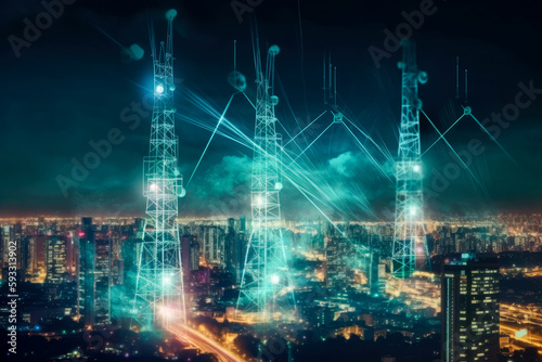 Cell phone or broadcast transmitter antenna towers with cityscape background, with connections concept, high quality generative ai