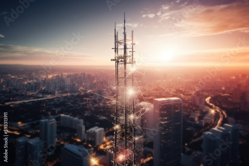 Cell phone or broadcast transmitter antenna tower with cityscape background, with connections concept, high quality generative ai