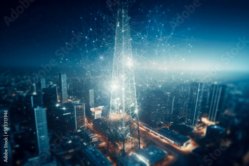 Cell phone or broadcast transmitter antenna tower with cityscape background, with connections concept, high quality generative ai