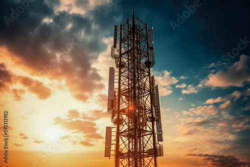 Cell phone or broadcast transmitter antenna tower with setting sun and clouds background, high quality generative ai