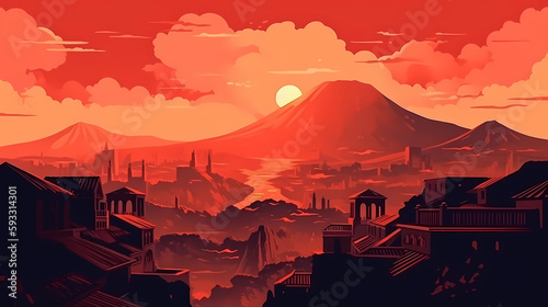 Illustration of a panoramic view of Pompeii and Mount Vesuvius, Italy