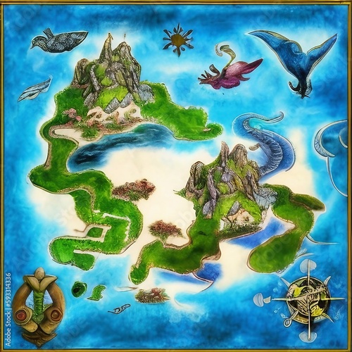 Fantasy Map With Islands  Creatures  And Vegetation  Generative AI