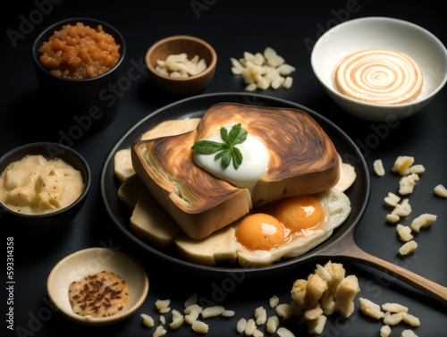 A plate of food with eggs, bread, and other foods on it and a spoon on the side