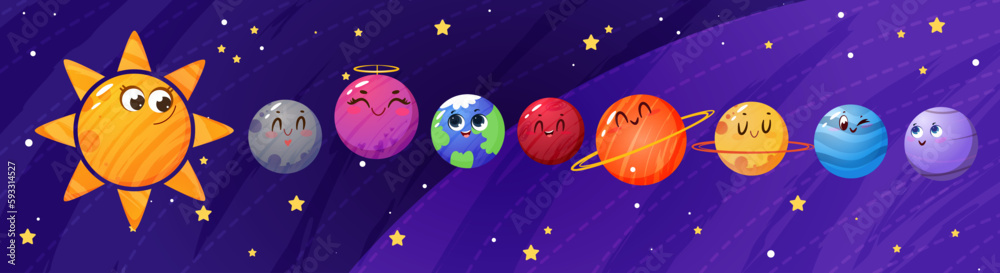 Cute childish planets of solar system at night sky flat vector illustration. Funny galaxy objects, stars and cosmic globes smile at outer space. Sun, earth and astronomical characters with emotions.