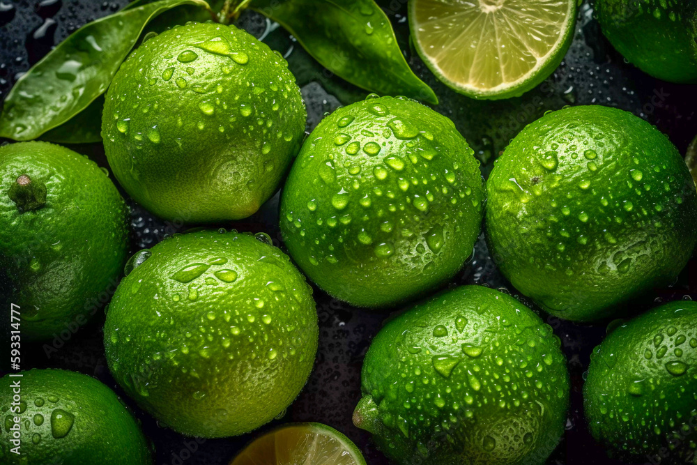 Fresh Limes, seamless background, visible drops of water, Generative AI Fresh Limes, seamless background, visible drops of water, Generative AI