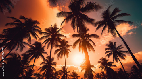 Silhouetten von Palmen gegen den warmen Farbverlauf eines tropischen Sonnenuntergangs, mit Sonnenstrahlen, friedliche Abendstimmung