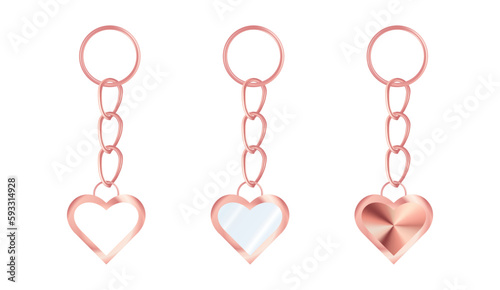 A set of metallic pink keychains in the shape of a heart. Chains made of stainless steel. Metal key holders isolated on white background. Realistic vector illustration.