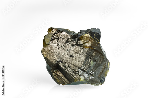 Sphalerite yellow crystal (cleiophane) isolated on white blackground. macro detail background. close-up Rough raw unpolished semi-precious gemstone.