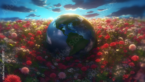 Planet earth with flowers bed. Concept of earth day  environmental day or national flower day.