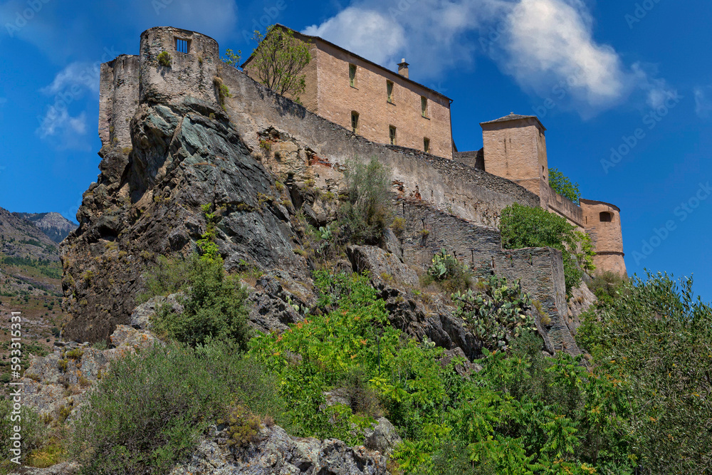 View of the medieval citadel of Corte.The citadel of Corte is picturesquely situated on a rocky outcrop high above the old town, Corsica island, France