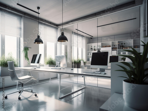 Modern office interior background with big windows. Business workspace interior illustration. Generative AI