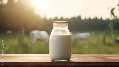 World Milk Day  Milk bottle or Jar on wooden table  Generative Ai