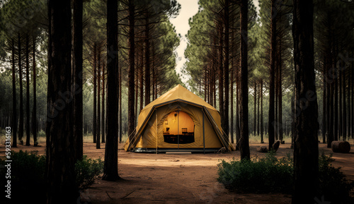 summer camp in the pine forest,view of camping tents among the pine trees ,generative ai