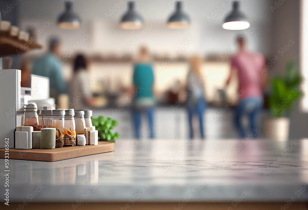 Fototapeta premium A group of defocused blurred people in a large kitchen or hallway. In the foreground is a kitchen work table or counter. AI generative.