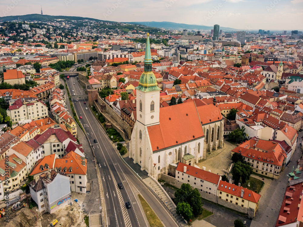 Fototapeta premium Aerial vIew by drone. Summer. Bratislava, Presburg. Slovakia. Curch St. Marthin.