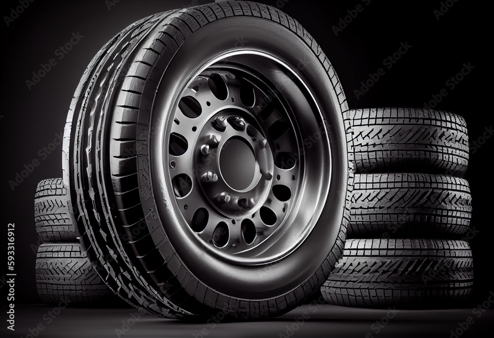 Obraz premium A stack of new car wheels with aluminum rims on a black background. AI generative.