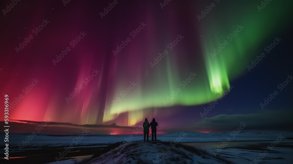 Aurora borealis, northern lights in Iceland. Couple looking at aurora borealis - Generative AI