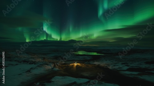 Aurora borealis, northern lights in Iceland. Couple looking at aurora borealis - Generative AI © Mrs__DoubleF