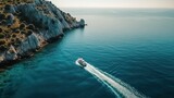 Aerial view of a boat on the turquoise sea near the coastline in the mediterranean sea - Generative AI