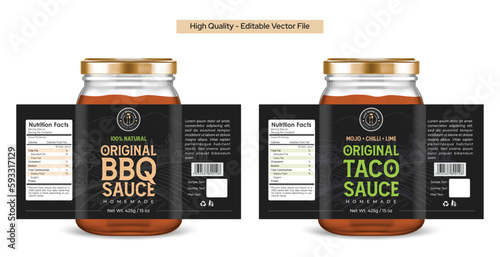 BBQ sauce label design, Taco sauce label design, Mexican food label, barbecue spicy sauce packaging label vector illustration. Black premium quality spice food label designs.