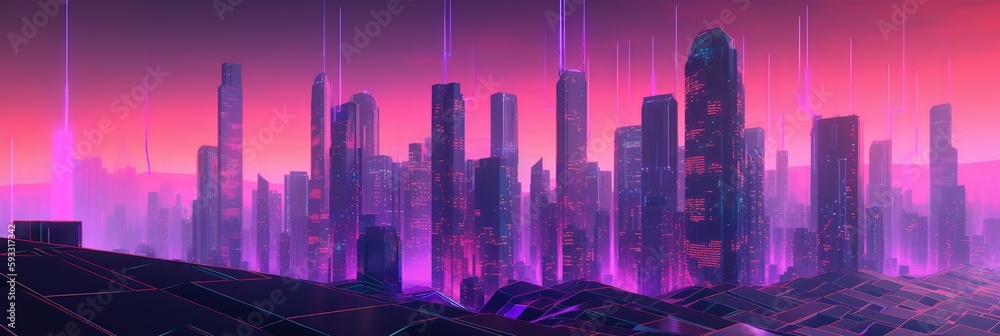 Sci-fi background, Night City Skyline in the style of retro waves, synth, 80s design. Futuristic illustration - Generative AI