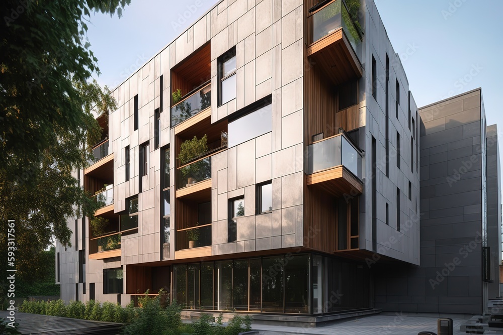 Office building facade modern architecture with natural materials and geometric shapes, large windows, and greenery to create a sense of connection with nature . Generative AI