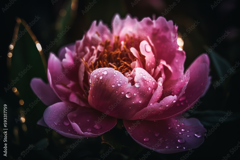 Peony flower with water drops, neon glow, bokeh lights on background. Generative ai