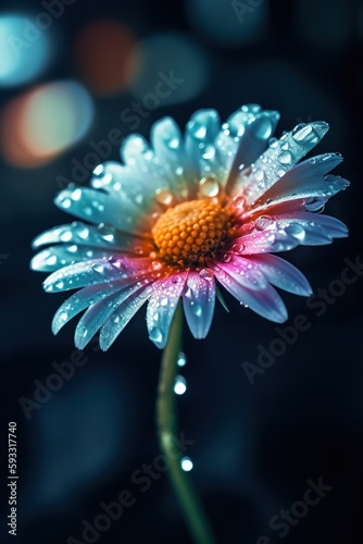 Daisy flower with water drops, neon glow, bokeh lights on background. Generative ai