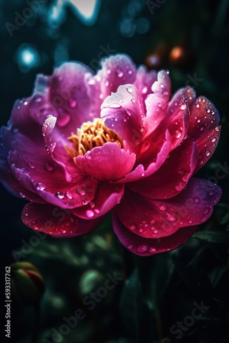 Peony flower with water drops, neon glow, bokeh lights on background. Generative ai