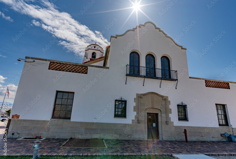 Unusual angle view of the Boise train depot with sunburst