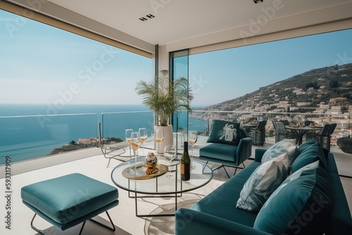 Luxury living with white sofas and flowers on the coffee table. with a stunning view on the sea real estate photography - Generative AI © Mrs__DoubleF