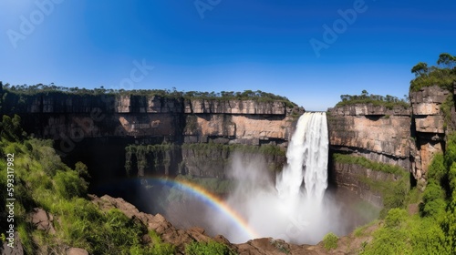 Waterfall landscape with rainbow, generative ai
