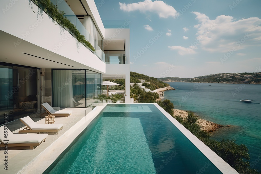 house standing on the rock above the sea with terrace and swimming pool during day - Generative AI house standing on the rock above the sea with terrace and swimming pool during day - Generative AI