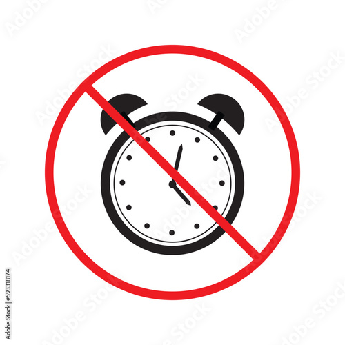 Prohibited clock vector icon. No clock flat sign design. Forbidden clock icon. Warning, caution, attention, restriction, danger label ban symbol pictogram