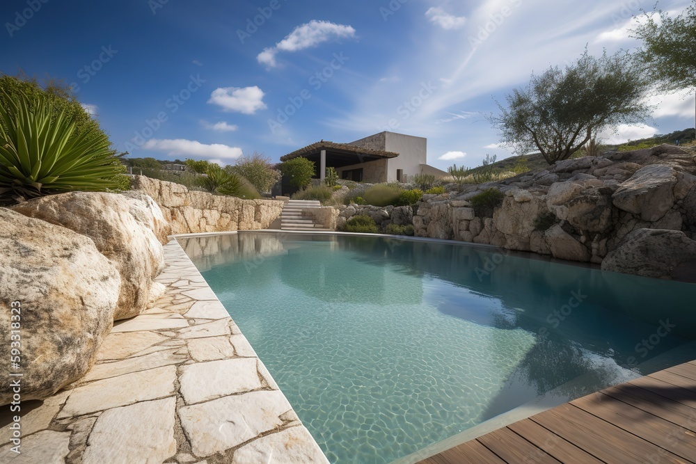 Luxury home backyard swimming pool with natural rocks and relaxing cave - generative AI