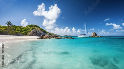 Palm trees at a Paradise beach in the caribean islands - Generative AI