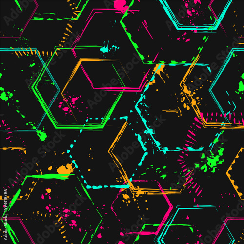 Pattern with hexagons, paint brush strokes, paint splatter, smudge of neon bright colors.. Virtual abstract background. Grunge style for sports goods, prints, clothing, t shirt design