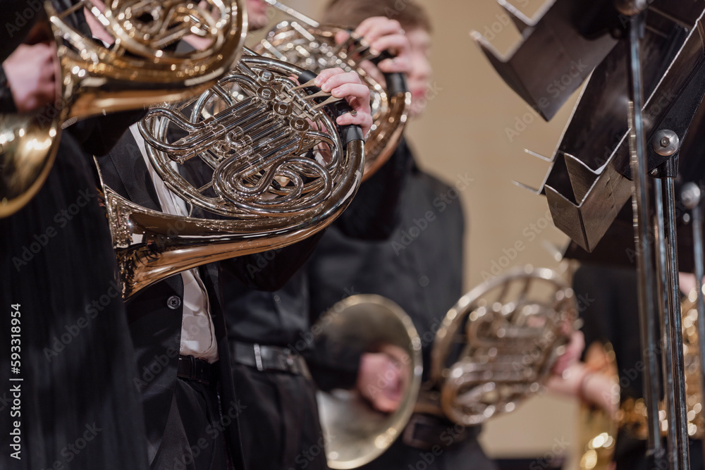 Foto de Multiple French horn players of a French horn ensemble during a