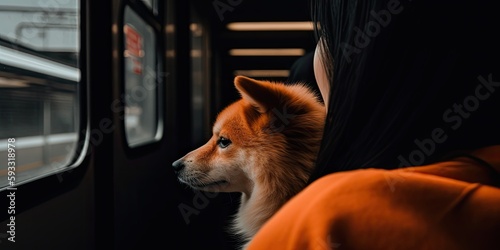 Dog on public transport with owner, looking out the window, generative ai