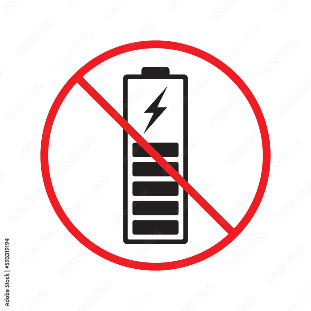 Forbidden charging vector icon. No charge vector flat sign design. Prohibited high voltage icon. Warning, caution, attention, restriction, label ban danger. No electricity battery symbol pictogram Forbidden charging vector icon. No charge vector flat sign design. Prohibited high voltage icon. Warning, caution, attention, restriction, label ban danger. No electricity battery symbol pictogram