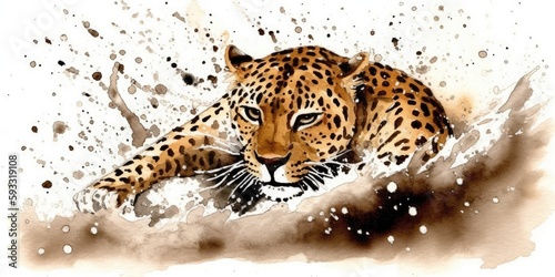 Bright Leopard in the sahara on the prawl, watercolor painting style, generative ai photo