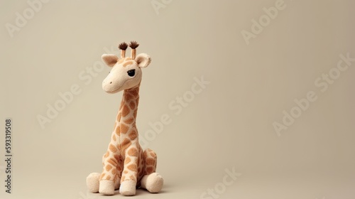 Stuffed toy giraffe isolated on beige background.  Generative ai giraffe plush toy with copy space