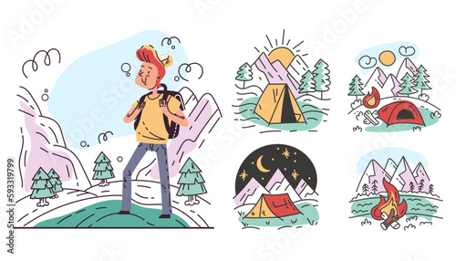 Hiking trip mountain nature adventure camp isolated set. Vector cartoon graphic design element illustration