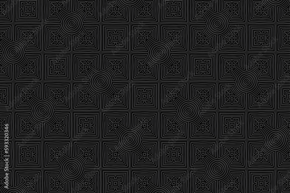 Embossed ethnic black background, tribal cover design. Geometric elegant 3D pattern, press paper, leather. Boho, handmade. Dudling, zentangle. Countries of the East, Asia, India, Mexico, Aztecs, Peru.