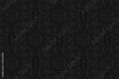 Embossed ethnic black background, tribal cover design. Geometric abstract 3D pattern, press paper, leather. Boho, handmade. Dudling, zentangle. Countries of the East, Asia, India, Mexico, Aztecs, Peru