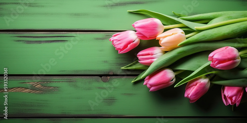 Tulip border with copy  ad space. Beautiful frame composition of spring flowers. Bouquet of  pink tulips flowers on green vintage wooden background