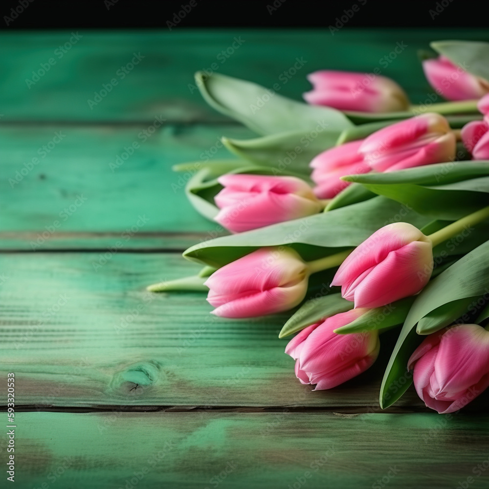 Tulip border with copy /ad space. Beautiful frame composition of spring flowers. Bouquet of tulips flowers on green vintage wooden background