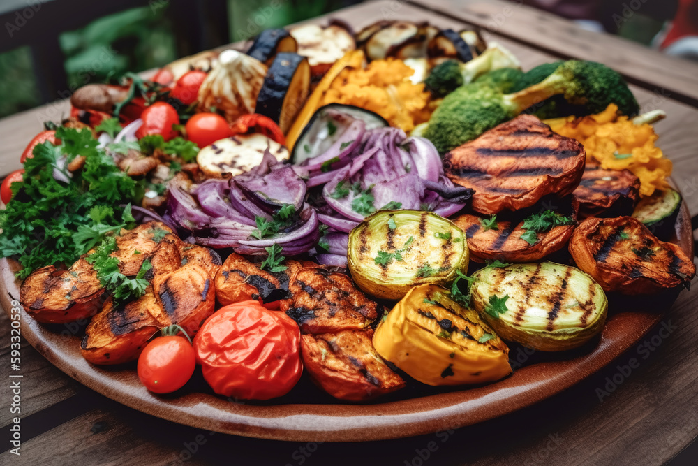 Various barbecue grilled vegetables laid out beautifully on a large dish. vegetarian barbecue, party, summer holidays