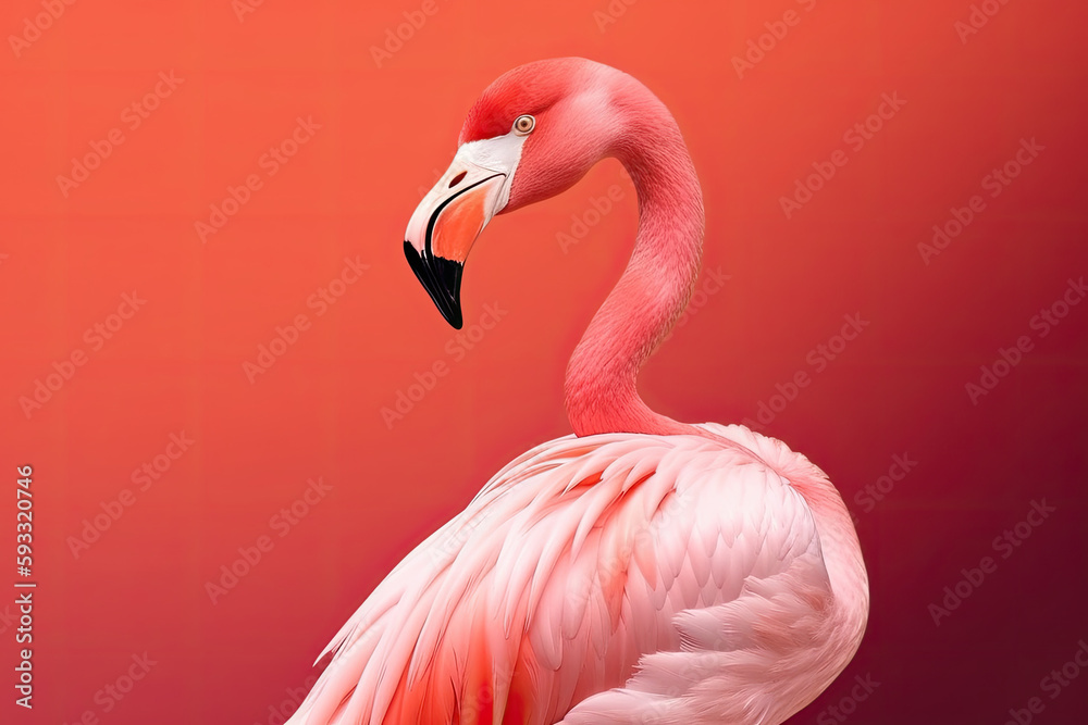 Obraz premium Flamingo portrait on pastel colored background. Exotic bird. Creativity banner. Created with Generative AI