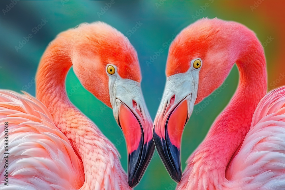 Fototapeta premium Flamingo portrait on pastel colored background. Exotic bird. Creativity banner. Created with Generative AI